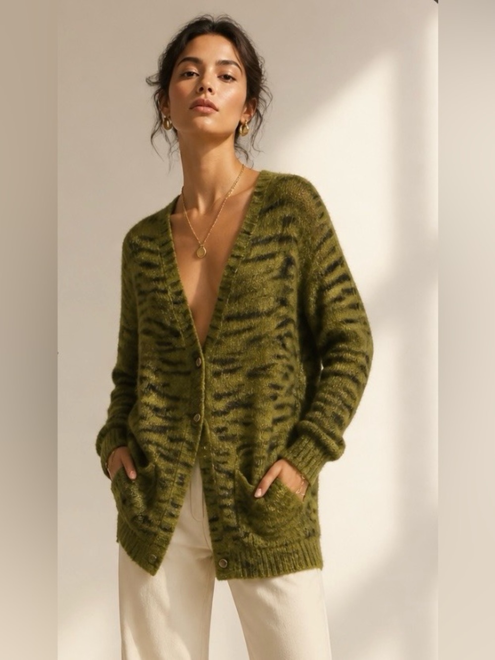 FREE PEOPLE Cardigan Sweater Animal Print Mohair Wool Boyfriend Boho Green Black